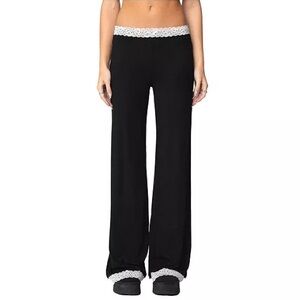 EDITKED Womens Domino Contrast Lace Trim Pants Lace Detail Pants Size S